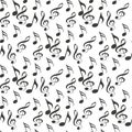 Music background with notes and symbols, black and white, seamless pattern Royalty Free Stock Photo