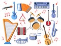 Music background. Orchestra instruments set. Guitar and saxophone. Piano for hobby and education. Musical notes