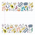 Music background for patterns. Vector illustration with musical instruments.