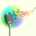 Music background realistic microphone on bright background colored notes