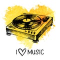 Music background with splash watercolor heart and turntable. Hand drawn sketch illustration Royalty Free Stock Photo