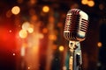 Music background with spot lighting, featuring a retro microphone on stage