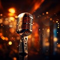 Music background with spot lighting, featuring a retro microphone on stage