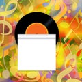 Music background with vinyl record and scroll