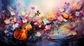 Music background with violin and flowers. Horizontal illustration in oil painting style. Generative AI