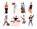 Music band characters. Rock group musicians singing and playing at instrument performing stage vector background Royalty Free Stock Photo