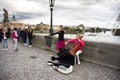 Music band of Czech women musician people playing music instrument violin and Violoncello or Cello for show people and travelers