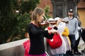 Music band of Czech women musician people playing music instrument violin and Violoncello or Cello for show people and travelers