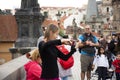 Music band of Czech women musician people playing music instrument violin and Violoncello or Cello for show people and travelers