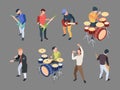 Music band. Isometric characters musicians singers with microphone rock band music instruments vector people