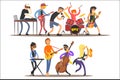 Music band performing on stage, musicians singing and playing music instruments cartoon vector Illustration on a white Royalty Free Stock Photo