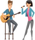 Music band, playing guitar, duet singing concept. Man playing musical instrument and girl vocalist