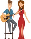 Music band, playing guitar, duet singing concept. Man playing musical instrument and girl vocalist