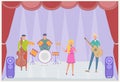 A music band plays music on stage. Double bass, guitar and drums. Colorful vector illustration Royalty Free Stock Photo