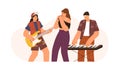 Music band with singer and musicians. Modern woman vocalist with microphone and men playing guitar and synthesizer Royalty Free Stock Photo