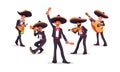 Mexican musicians mariachi vector set, with guitar and maracas, trumpet and violin. Royalty Free Stock Photo