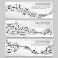 Music banners vector set with notes and sound wave Royalty Free Stock Photo