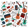 Music. Big set of icons for print and digital. Doodle elements of musical instruments. Hand written inscription Music in my soul.