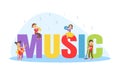 Music Big Word with Cute Children Playing Musical Instrumens Vector Illustration Royalty Free Stock Photo
