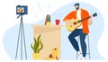 Music blog vector illustration, cartoon flat creative musical blogger man character playing guitar, guitarist creating