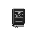 Music book black glyph icon. Basic knowledge about music, notes, instruments. Matherial for musical theme. Pictogram for web page