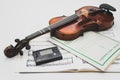 violin and electronic tuner with music exercise books on a white background