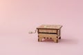 Music box on a pink background. Wooden hurdy-gurdy