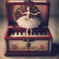 A music box resembling a piano with a twirling ballerina dancer inside, adorned with floral designs Royalty Free Stock Photo