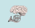 Music and brain in vintage style. Jazz tuba or trumpet. Hand Drawn grunge sketch for tattoo or t-shirt or woodcut Royalty Free Stock Photo