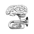 Music and brain in vintage style. Jazz tuba or trumpet. Hand Drawn grunge sketch for tattoo or t-shirt or woodcut Royalty Free Stock Photo