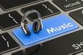 Music button, blue key on keyboard with headphones. 3D rendering Royalty Free Stock Photo