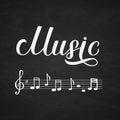 Music calligraphy hand lettering on chalkboard. Karaoke bar sign. Musical shop or record studio logo. Treble clef symbol. Vector Royalty Free Stock Photo