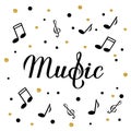 Music calligraphy hand lettering. Musical shop or record studio sign. Treble clef sheet music symbols. Vector illustration. Easy