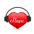 Music calligraphy hand lettering written on a red heart with headphones. Karaoke bar sign. Easy to edit vector template for