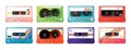 Music cassette stickers. Retro hipster audio tape with mix of modern rock elements, 90s mixtape. Bright colorful
