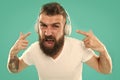 Music chart. Hipster with beard listening music. Handsome music lover. Man in headphones. Streaming sites which we Royalty Free Stock Photo