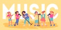 Music for children banner or poster layout with kids singing and playing music, flat vector.