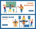 Music class and school orchestra banners set cartoon flat vector illustration. Royalty Free Stock Photo