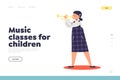 Music classes for children concept of landing page with girl playing trumpet Royalty Free Stock Photo