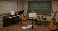 A Music Classroom Ready for Practice Session: Instruments, Sheet Music, and a Blackboard Filled with Musical Notes Royalty Free Stock Photo