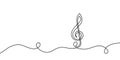 Music clef one line. Art note. Continuous lineart drawing. Hand draw concert. Oneline vocal icon. Concept school musical notes