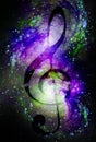 Music clef in space with stars. abstract color background. Glass effect. Music concept. Royalty Free Stock Photo