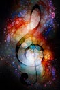 Music clef in space with stars. abstract color background. Glass effect. Music concept. Royalty Free Stock Photo