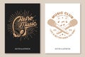 Music club logo, badge, label. Retro poster, banner with headphones, microphone, vintage typography design for t shirt Royalty Free Stock Photo