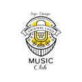 Music club logo design, heraldic shield with retro microphone, retro badge for music studio, shop, karaoke vector