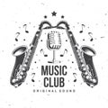 Music club, retro music poster, banner. Retro saxophone with microphone vintage typography design for t shirt, emblem