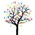 Music concept with colored birds and musical notes on a tree