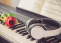 Music  concept.Music headphone on piano keyboard with red rose Royalty Free Stock Photo