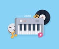 Music concept with music tools in flat style: synthesizer, record, notes, recordable babin . Vector illustration Royalty Free Stock Photo