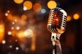 Music concept Retro microphone on stage with bokeh background Royalty Free Stock Photo